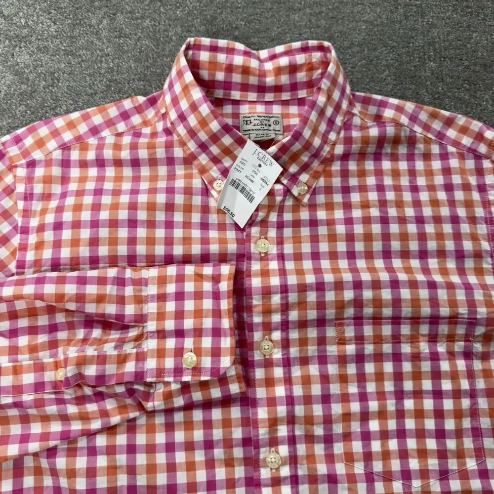 NWT J Crew Factory Mens Pink Orange Gingham Button Down Shirt Small‎ 100% Cotton